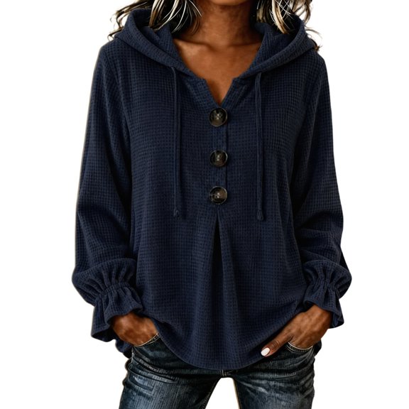 Hoodies Women Long Sleeve Hooded Top Small V Neck Button Shirt Sweatshirt Tops Solid Fall Winter Casual Outerwear