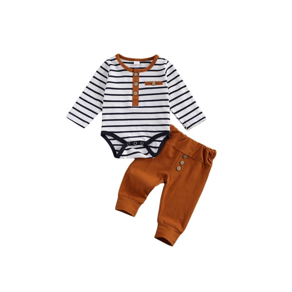 Gureui 2Pcs/Set Newborn Baby Boys Outfit Long Sleeve Striped Bodysuit Romper Solid Pants Fall Winter Clothes
