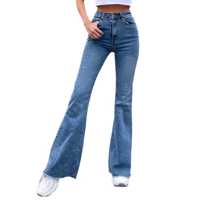 gibobby pantalones mezclilla mujer pantalones vaqueros acampanados de mezclilla con costuras delgadas elásticas de pierna ancha para primavera y otoño(bu2,g) Pantalón vaquero de talle alto en mezclilla azul medio con cintura elástica y costuras delgadas; silueta de pierna ancha que se ensancha desde el muslo hasta el dobladillo, cierre con botón y cremallera y dos bolsillos frontales. Vista frontal centrada que muestra ajuste ceñido en la cadera y largo que cubre las zapatillas sobre fondo blanco. También suele usarse como prenda casual para salidas diarias.