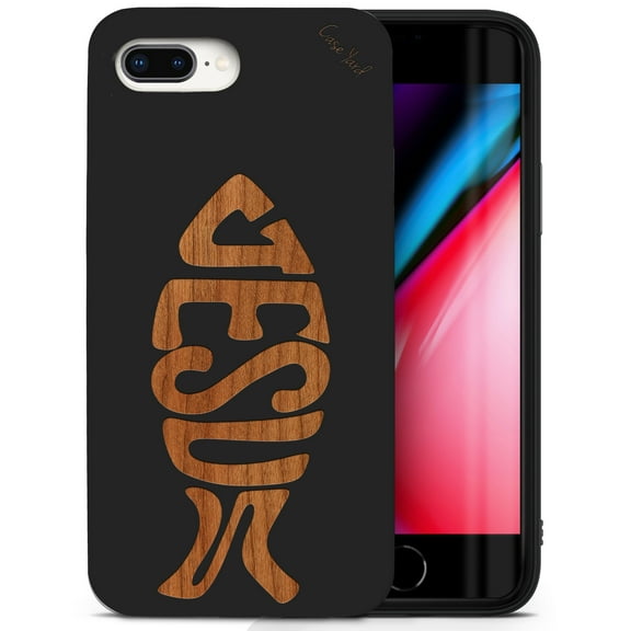 Case Yard Wooden Case for iPhone-8-Plus Soft TPU Silicone cover Slim Fit Shockproof Wood Protective Phone Cover for Girls Boys Men and Women Supports Wireless Charging Jesus Fish Design
