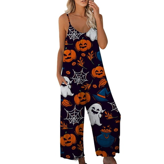 Halloween Womens Pumpkin Bat Print Overalls Loose Playsuit Loungewear Rompers Jumpsuit with Pockets