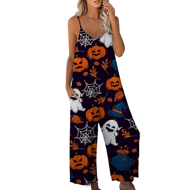 ZAXARRA Women's Halloween Strap Rompers Cartoon Pumpkin Bat Print Wide Leg Long Playsuit Loungewear with Pockets