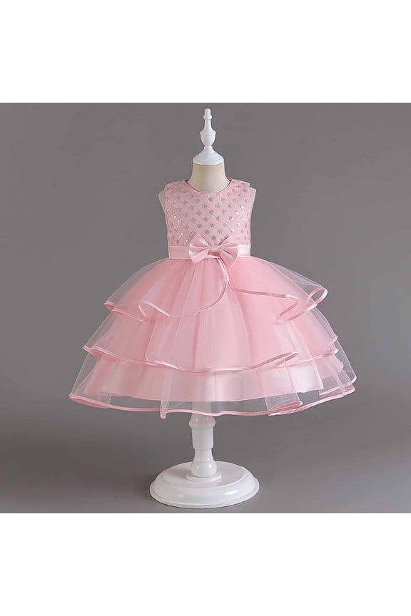 Girls Party Princess Dress- Embroidery Sleeveless Mesh Pageant Dresses Pink Size 6-7 T