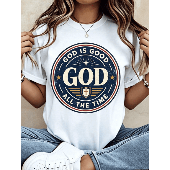 “God Is Good All The Time” Vintage Cross Circle T-Shirt – Christian Faith Graphic Tee for Women, Casual Religious Top