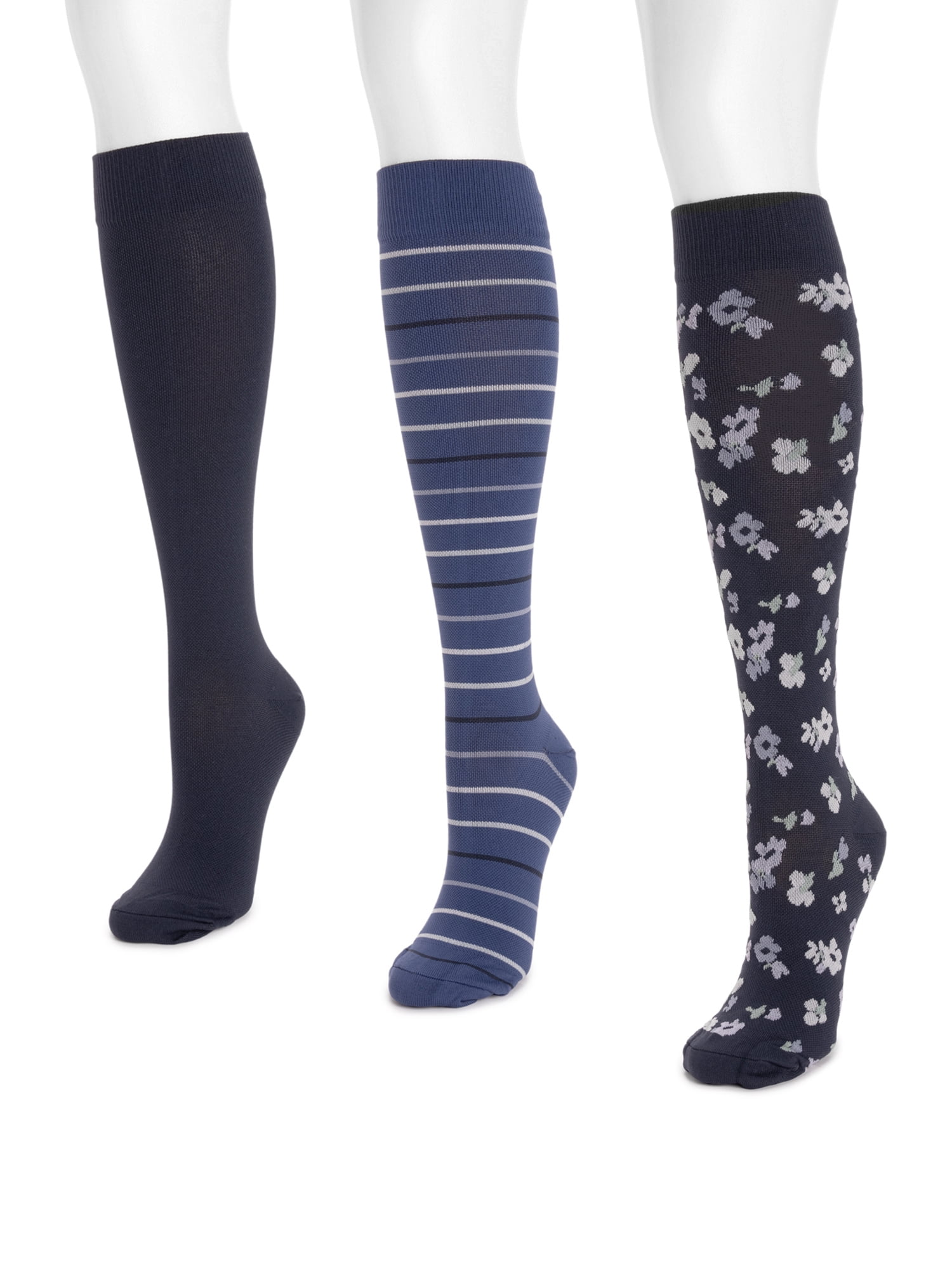 MUK LUKS Women's Wide Width Compression Nylon Knee-High Socks, 3-Pack, Shoe Size 6-10
