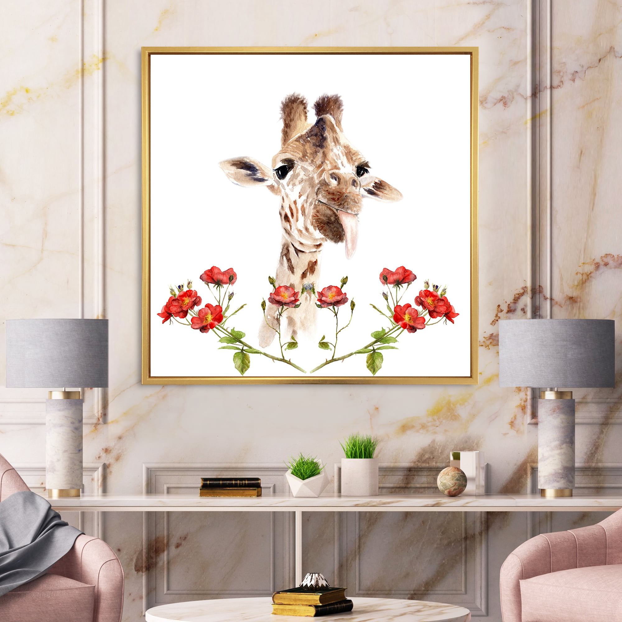 Designart 'Portrait of A Giraffe With Red Flowers I' Farmhouse Framed Canvas Wall Art Print