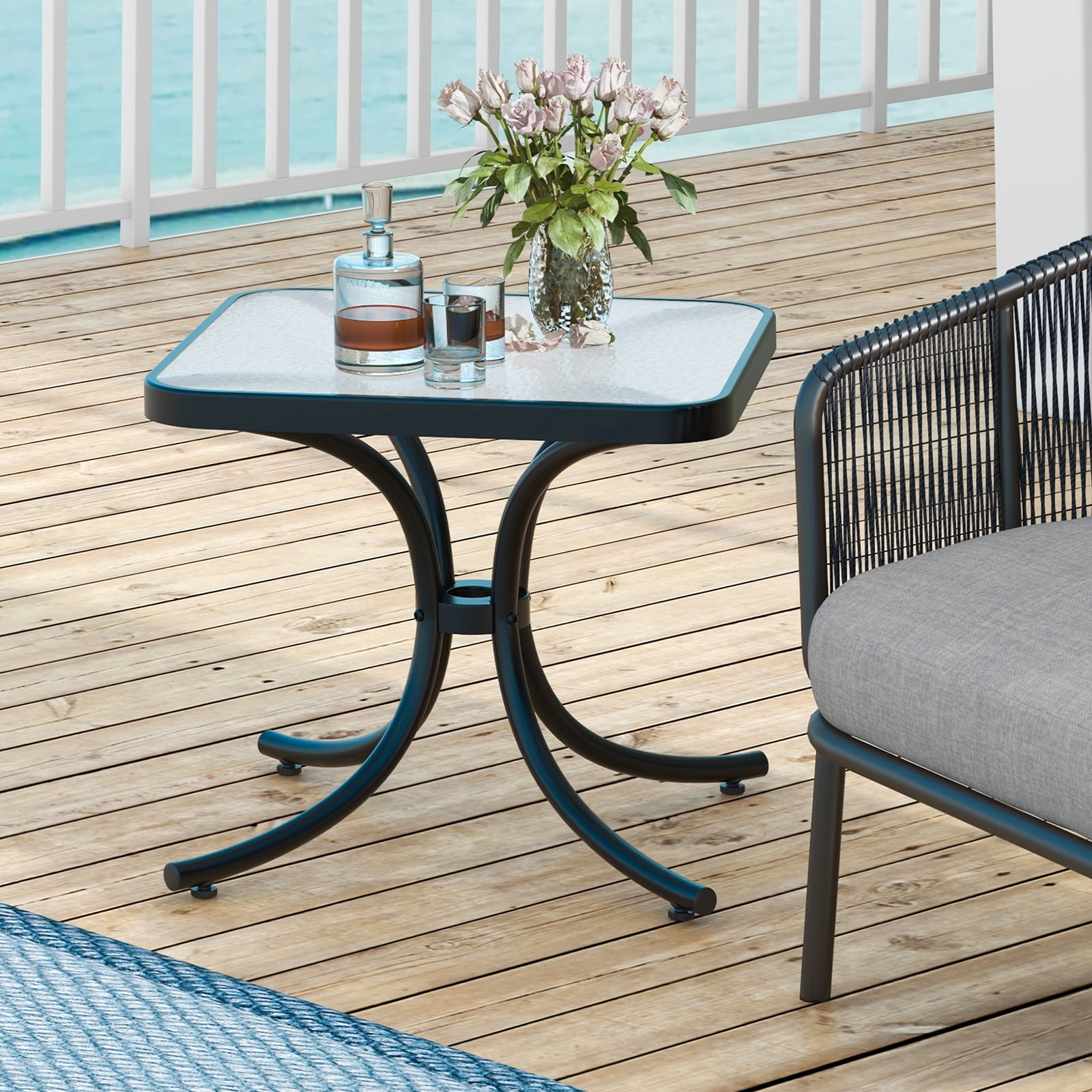 BLACK JAGUAR Tempered Glass Top Patio Table, 20" Outdoor Side Table w/ Heavy-duty Metal Frame Patio Square End Table