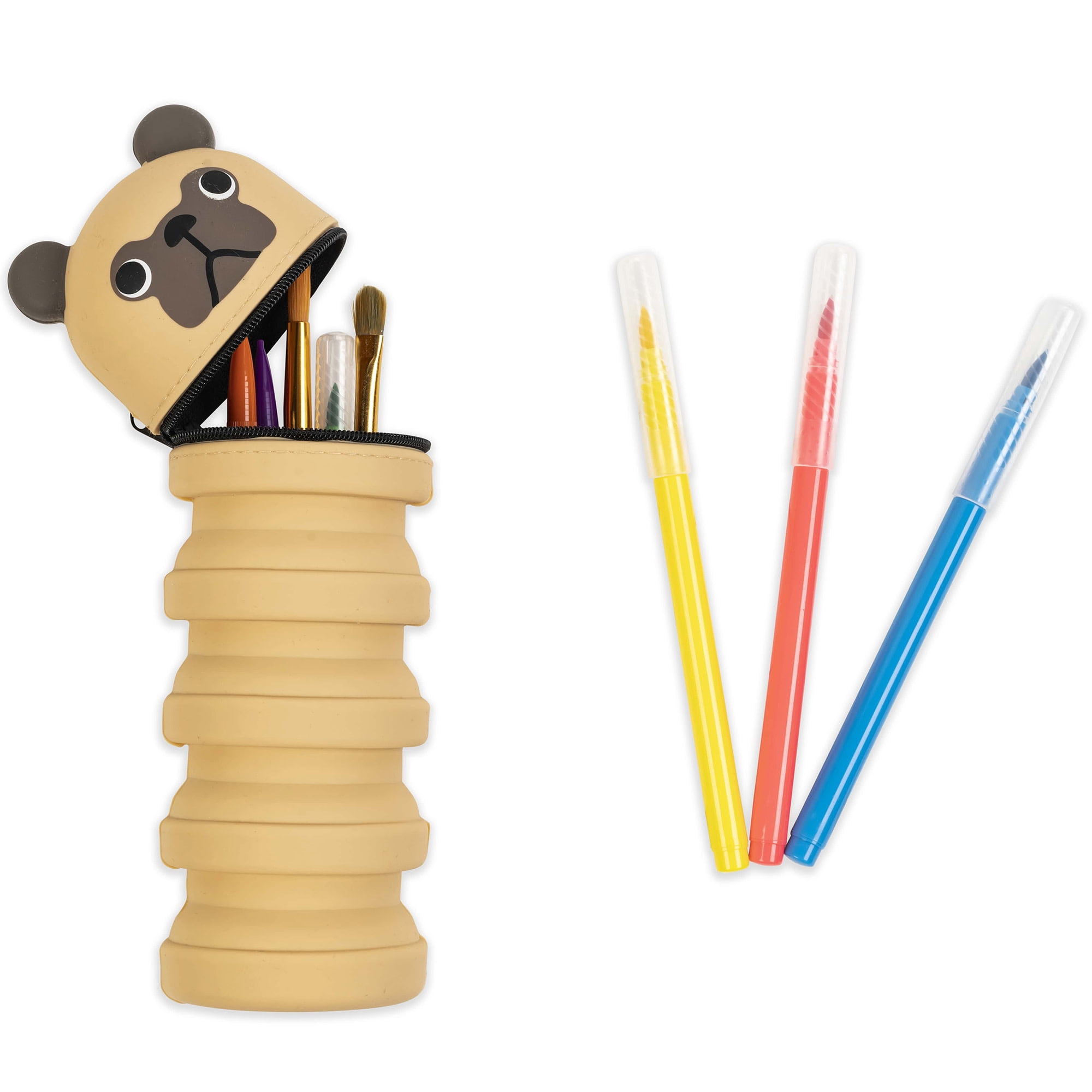Little Yellow Bicycle: Retractable Pencil Case - Pug - Playful Brown Dog Character, Zipper Carry Pouch, Silicone, School Supplies & Utensil Storage