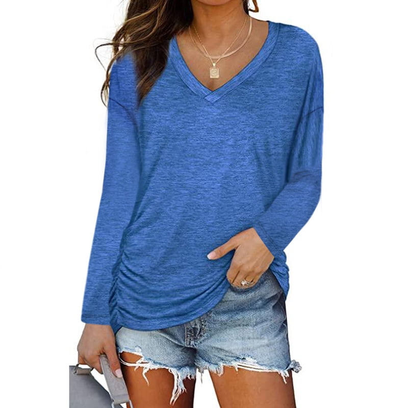 New Women's Classic V Neck Solid Color Tops With Side Shirring Long Sleeve  Tops Home Casual Basic Tee Tops