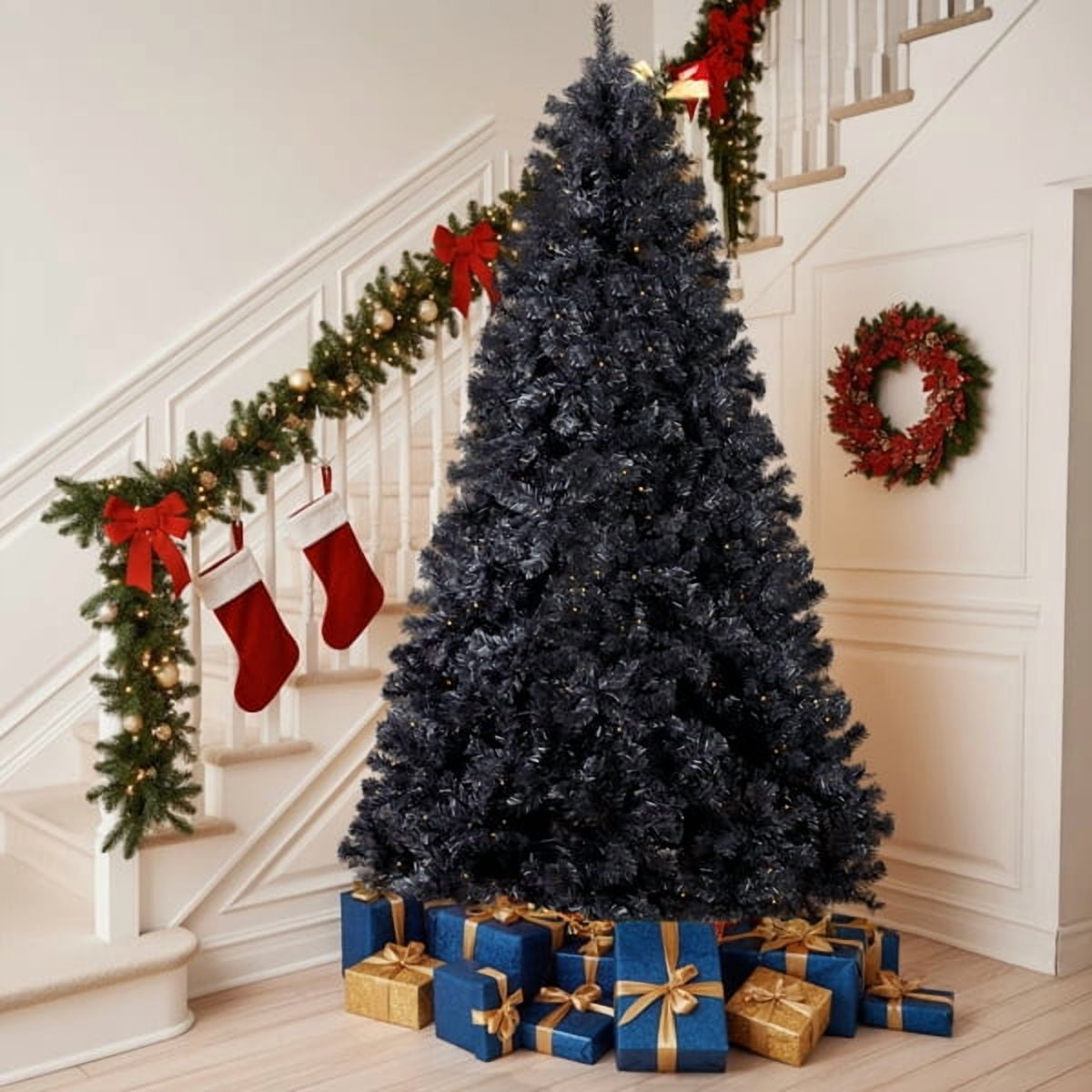 7.5FT Black Pre-Lit Christmas Tree - 1350 PVC Branch Tips 400 LEDs Flame-Retardant Easy Setup for Home/Office