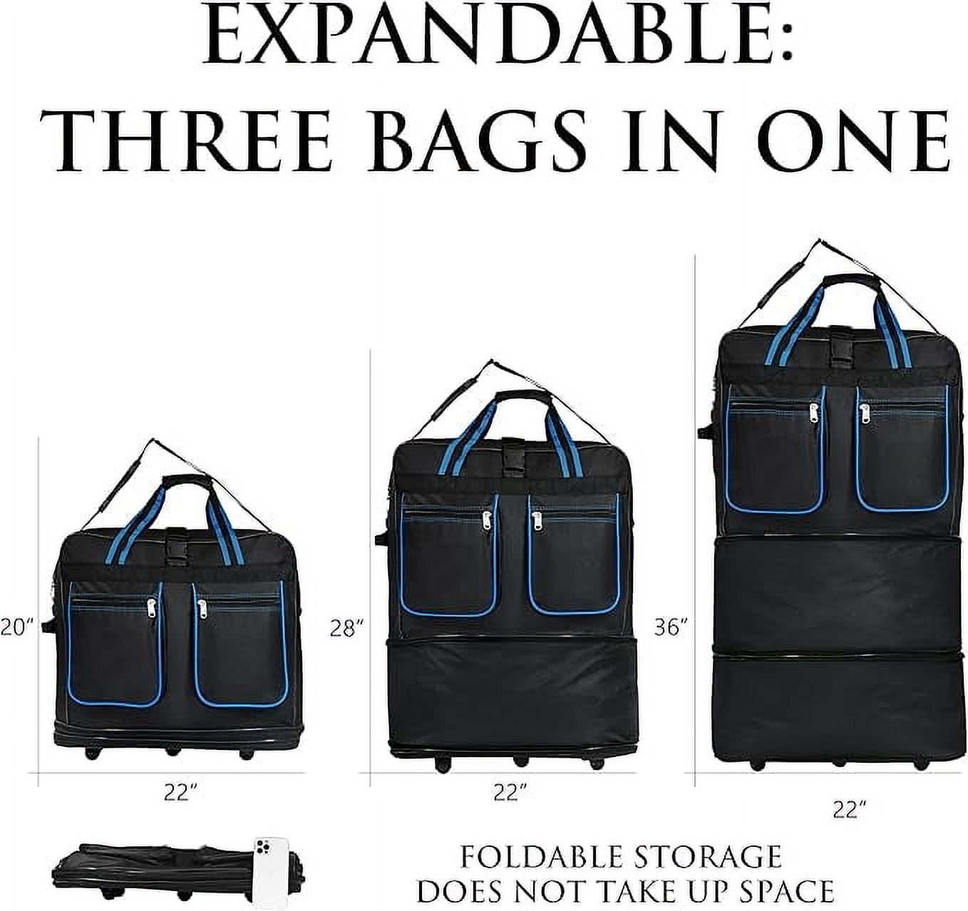 36"" Rolling Wheeled Expandable Duffel Bag Spinner Suitcase Luggage, Black with Blue Trim