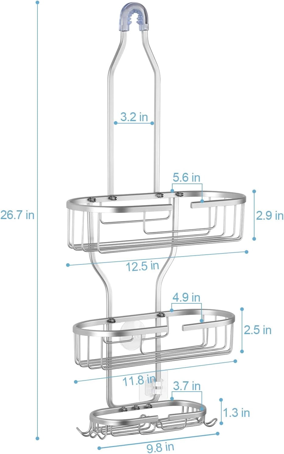 Over Shower Head Shower Caddy 3 Tier Hanging Organizer with Soap Holder and Hooks, Silver