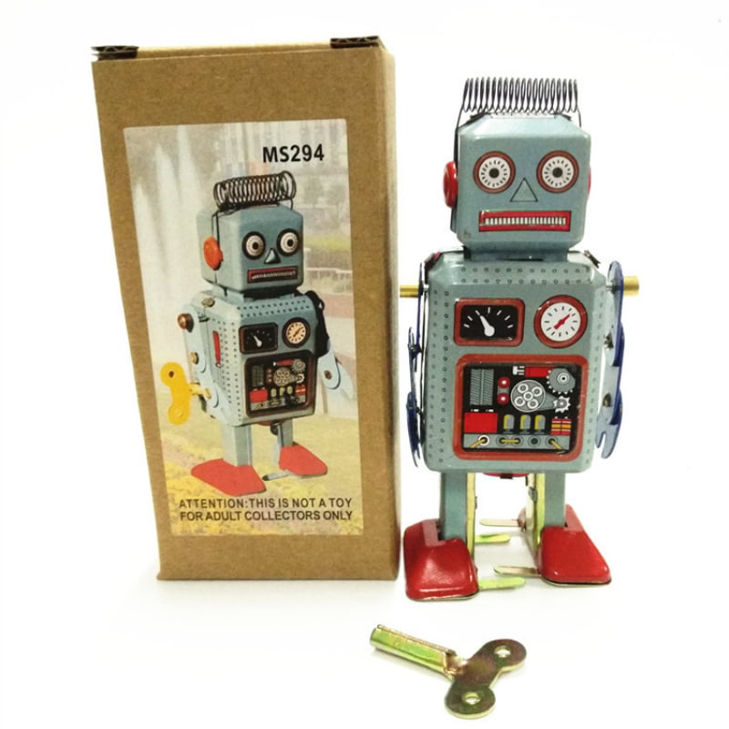 Vintage Wind Up Clockwork Mechanical Walking Red Robot Model Tin Toys Gift 