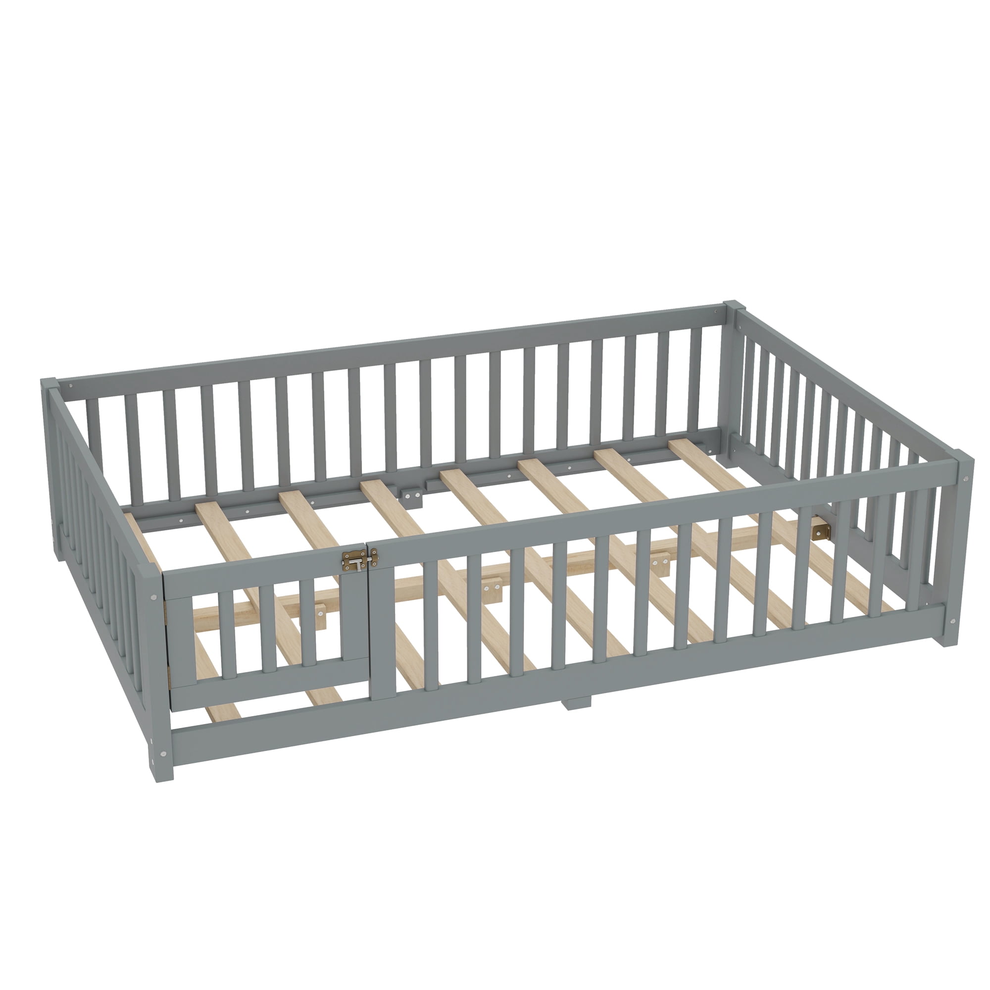Jopath Full Size Floor Bed Frame,Montessori Bed with Guardrails and Door,with Slatted Base,for Kids,Boys,Girls,Gray