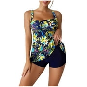 Olyvenn Deals Women's Tankini Swimsuit Twist Ruced Tunic Swimwear Sets Dressy Swing Bathing Suit Summer Fashion Cozy Outfits for Girls Hawaiian Tropical Print Beachwear Yellow 14