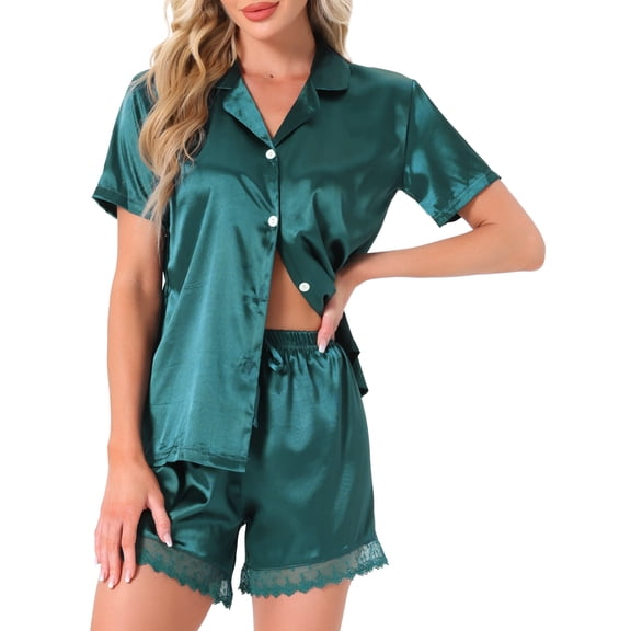 DARING DIVA Satin Silky Pajamas Button Down 2 Pieces Sleepwear S Green