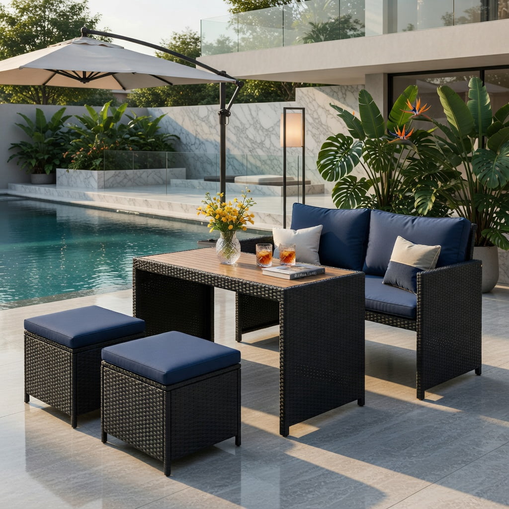Hommoo 4-Piece Outdoor Dining Set, Acacia Wood Table, PE Rattan Loveseat & 2 Matching Ottomans for Patio, Backyard, Poolside, Navy