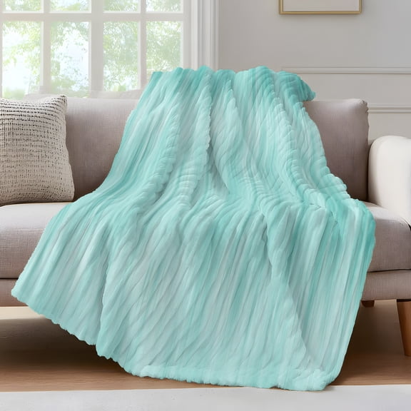 Turquoise Fleece Throw Blanket for Couch, Modern Abstract Art Ombre Striped Microfiber Flannel Blanket for All Season, Lightweight Soft Throw Blankets for Gifts, Home Decor, 32"x47"