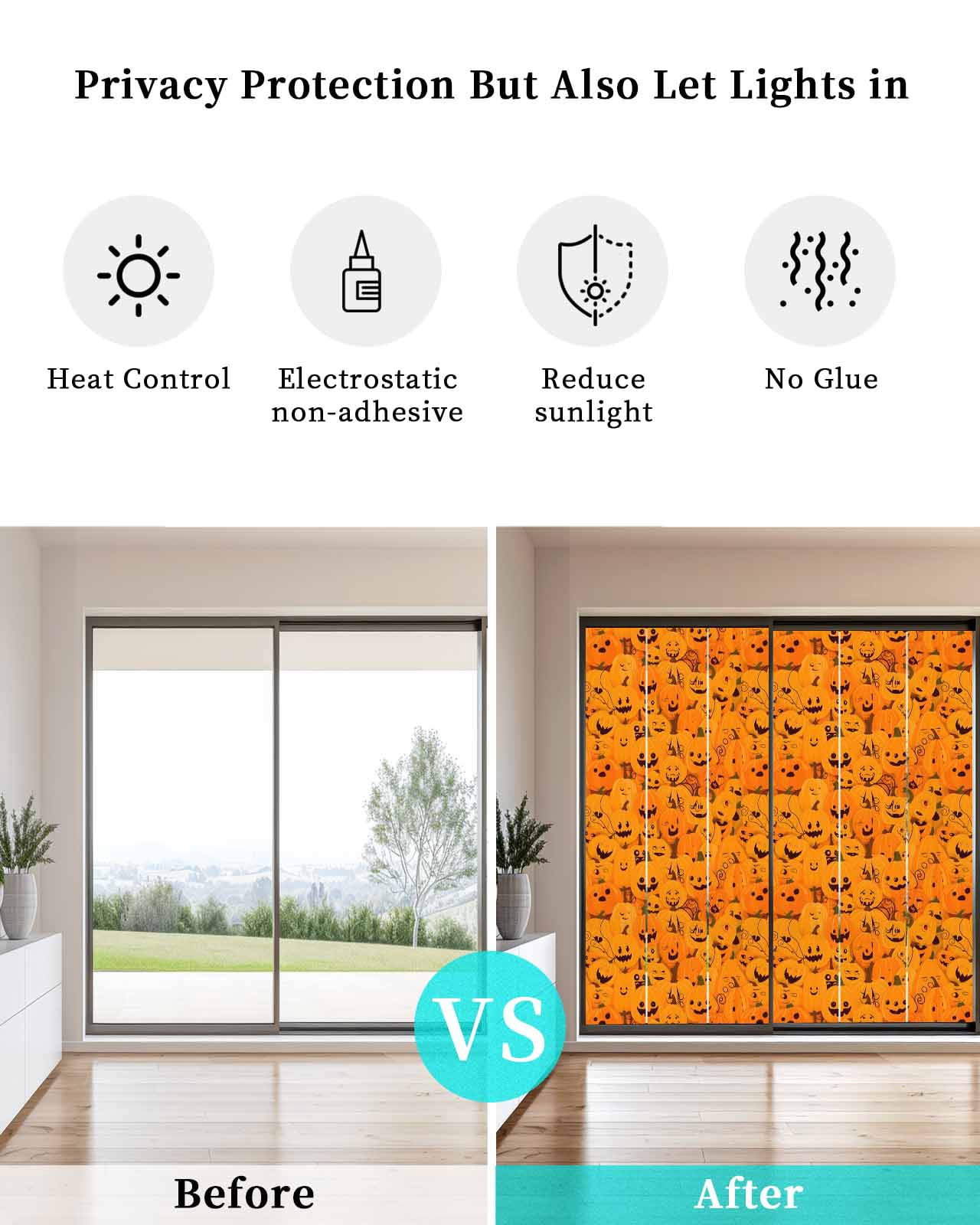Window Privacy Film Orange Halloween Stained Glass Window Film Decorative Sun Block Window Cover Horror Pumpkins Evil Bat Window Clings Static Adhesive Sticker for Bathroom 23.6"x59"