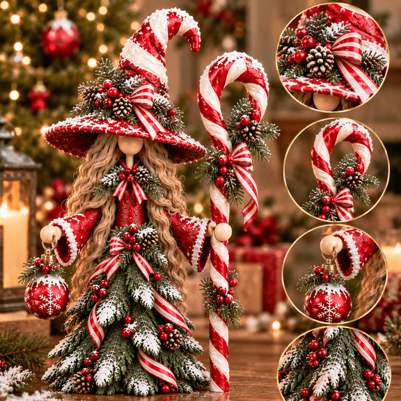 Whimsical Christmas Witch Resin Figurine, Snowy Tree Dress Witch Statue with Staff, Festive Holiday Mantel Decor for Indoor Display. (Stripes)
