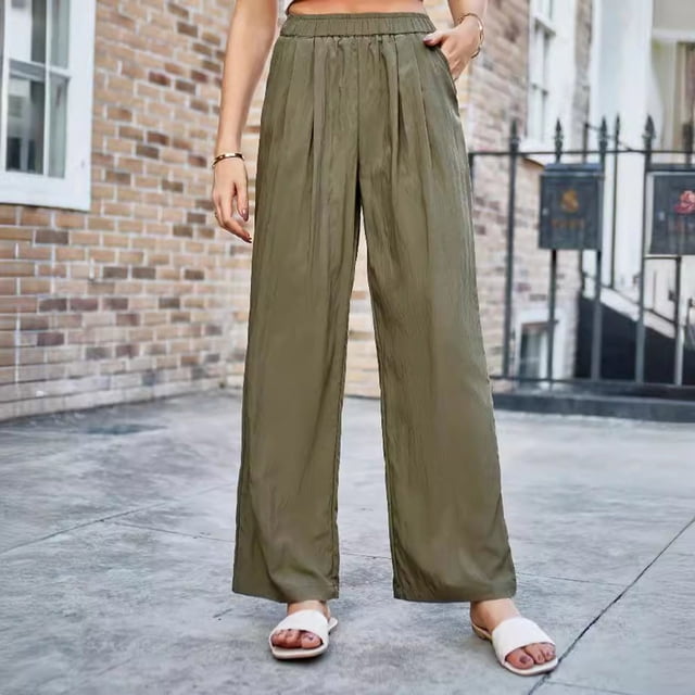 AherBiu Wide Leg Pants Woman High Waisted Slacks Loose Solid Color Pants with Pockets Summer Trendy 2024