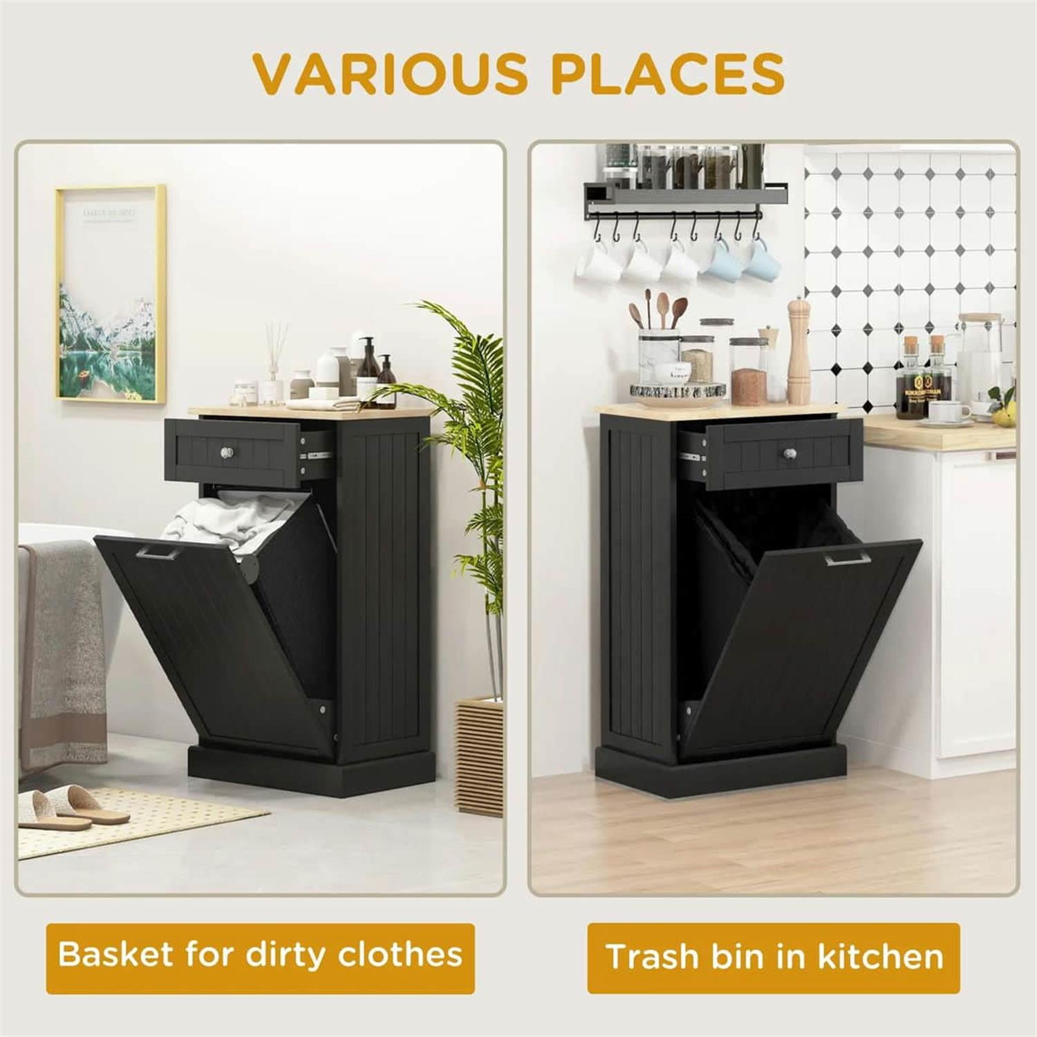 Demi Bonn 35" Kitchen Tilt-Out Trash Bin Cabinet Standalone Recycling Bin Holder with Drawer for Modern Kitchen, Black