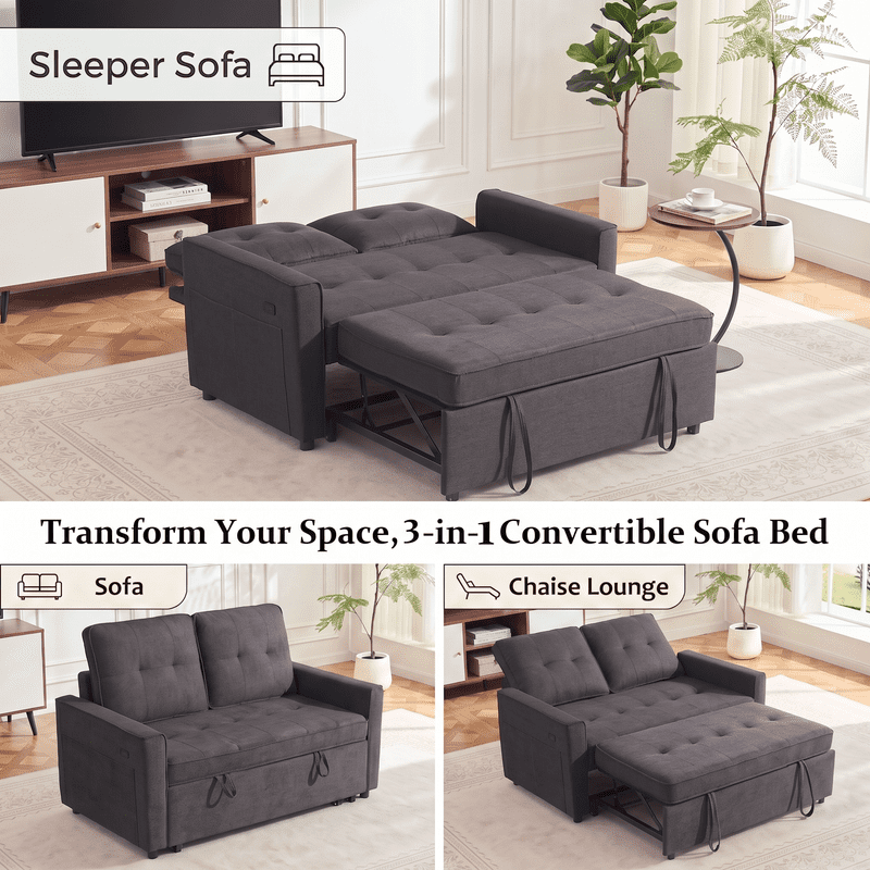 Gewnee 53” Sofa Bed, 3 in 1 Convertible Loveseat Sleeper Sofa, Pull Out Couch with USB Port, Futon Sofa Bed with Storage Pockets for Small Spaces, Teddy Fabric,Gray