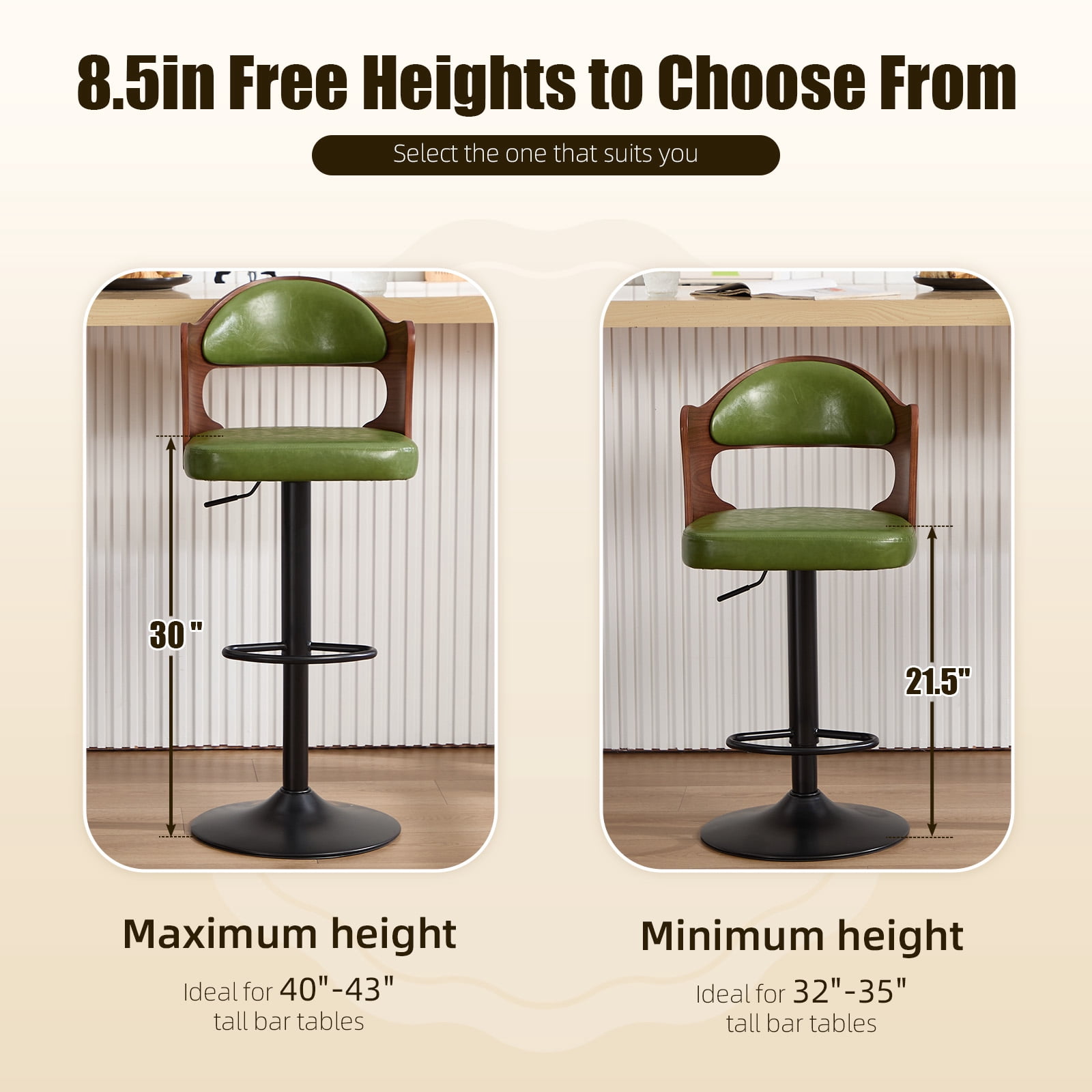 Homefun Swivel Bar Stools Set of 2,Wooden Upholstered Scratch-Resistant Fabric with Back,Chairs for Kitchen Island,Green