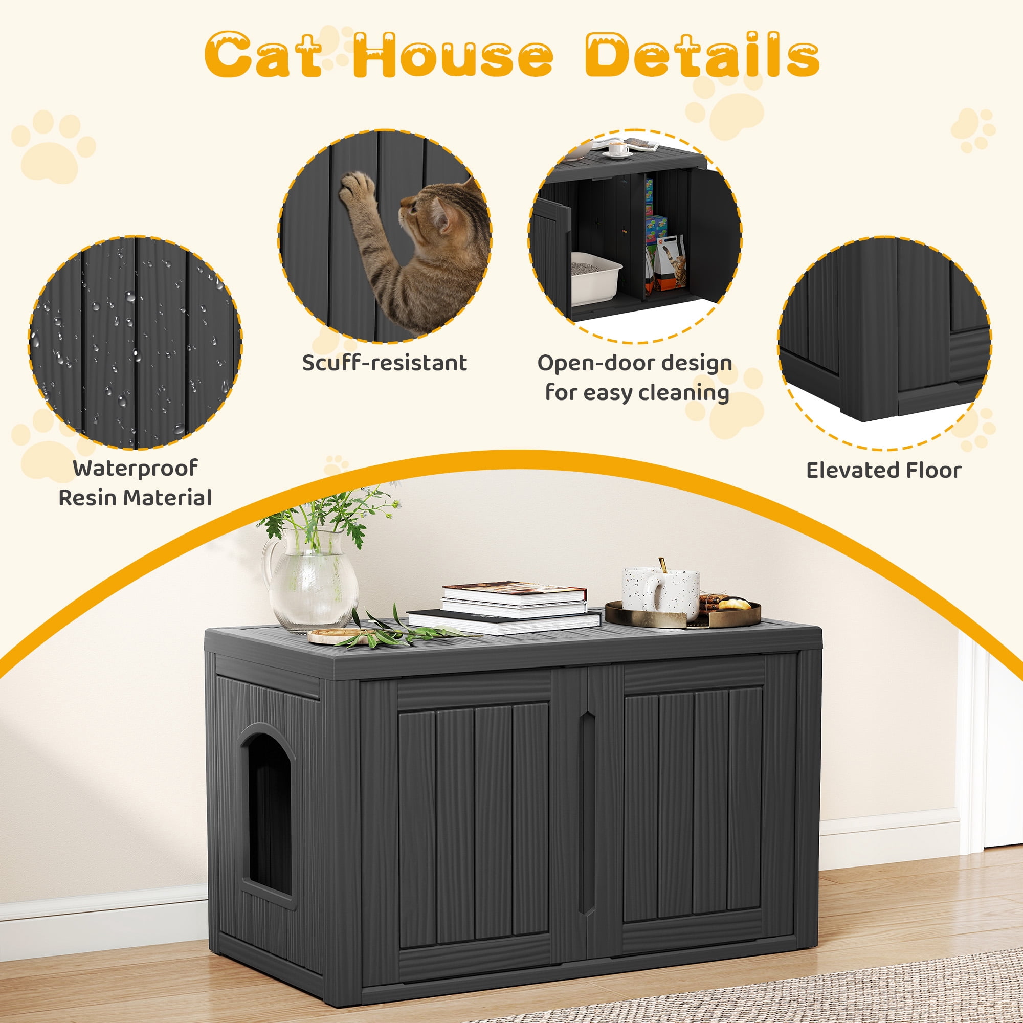 Bifanuo Outdoor Cat House, Waterproof Resin Cat House, Multi-Functional Cat Shelter, Assemble Easily for Home & Yard, Black