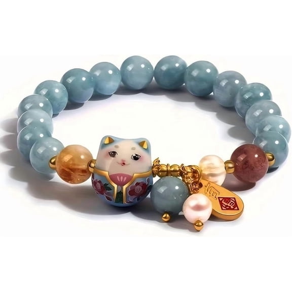 Japanese Lucky Cat Bracelet, Cute Hand-Painted Ceramic Maneki Neko with Ice-look Beads, Wide-Eyed Kawaii Kitty Good Luck Wealth Amulet, Boho Aesthetic Jewelry Gift for Women Teen Girls (Blue)