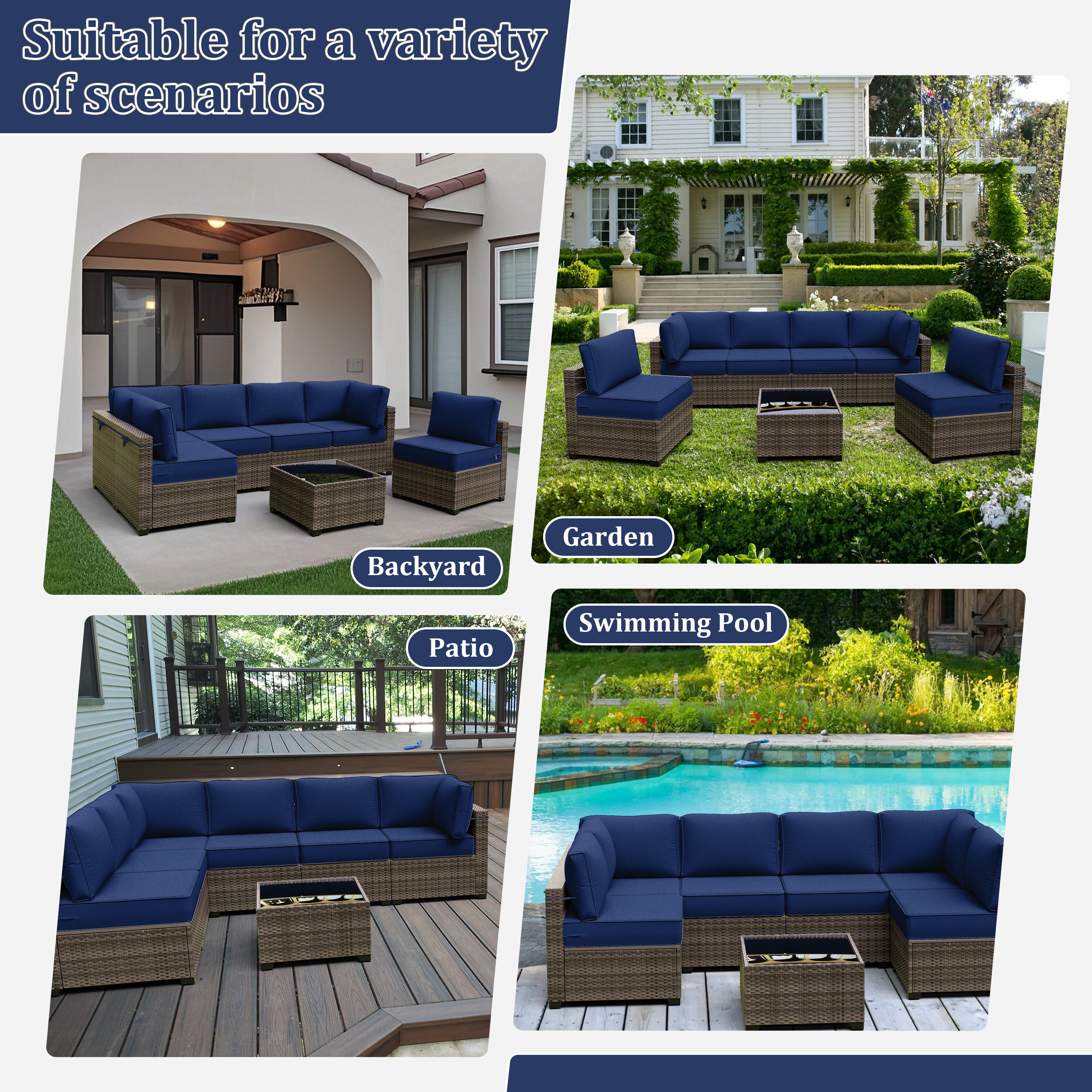 Snubbull 14 Piece 26" x 26" Patio Cushion Covers Replacement, Outdoor Patio Wicker Sofa Washable Cushion Slipcovers with Zipper, Blue