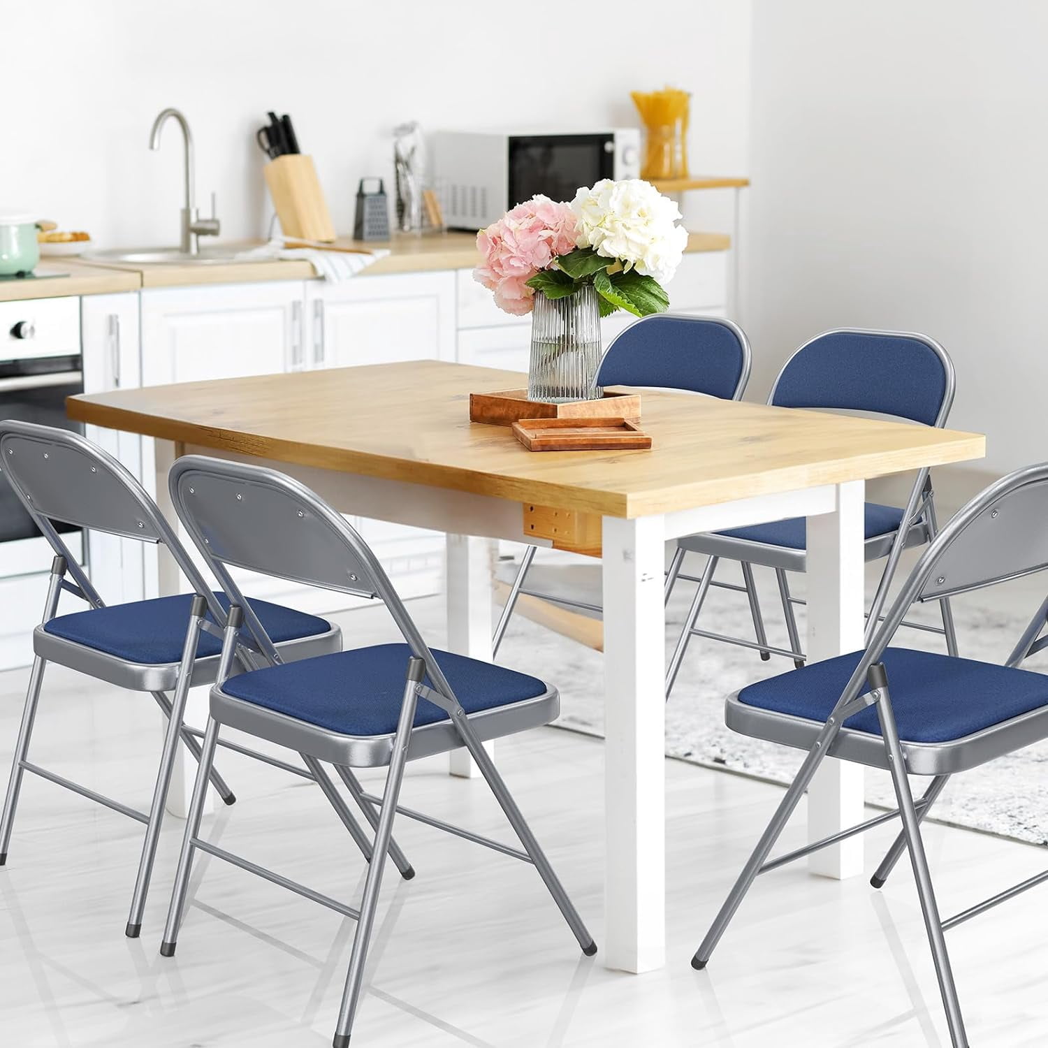 VINGLI Folding Chairs with Padded Seats, Metal Frame with Fabric Seat & Back, Capacity 350 lbs, Blue, Set of 6