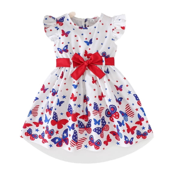OOOUM Girls Summer Dress Patriotic July 4Th Graphic Princess Dress Comfortable Relaxed Fit Festival Sundress White 5-6 Years
