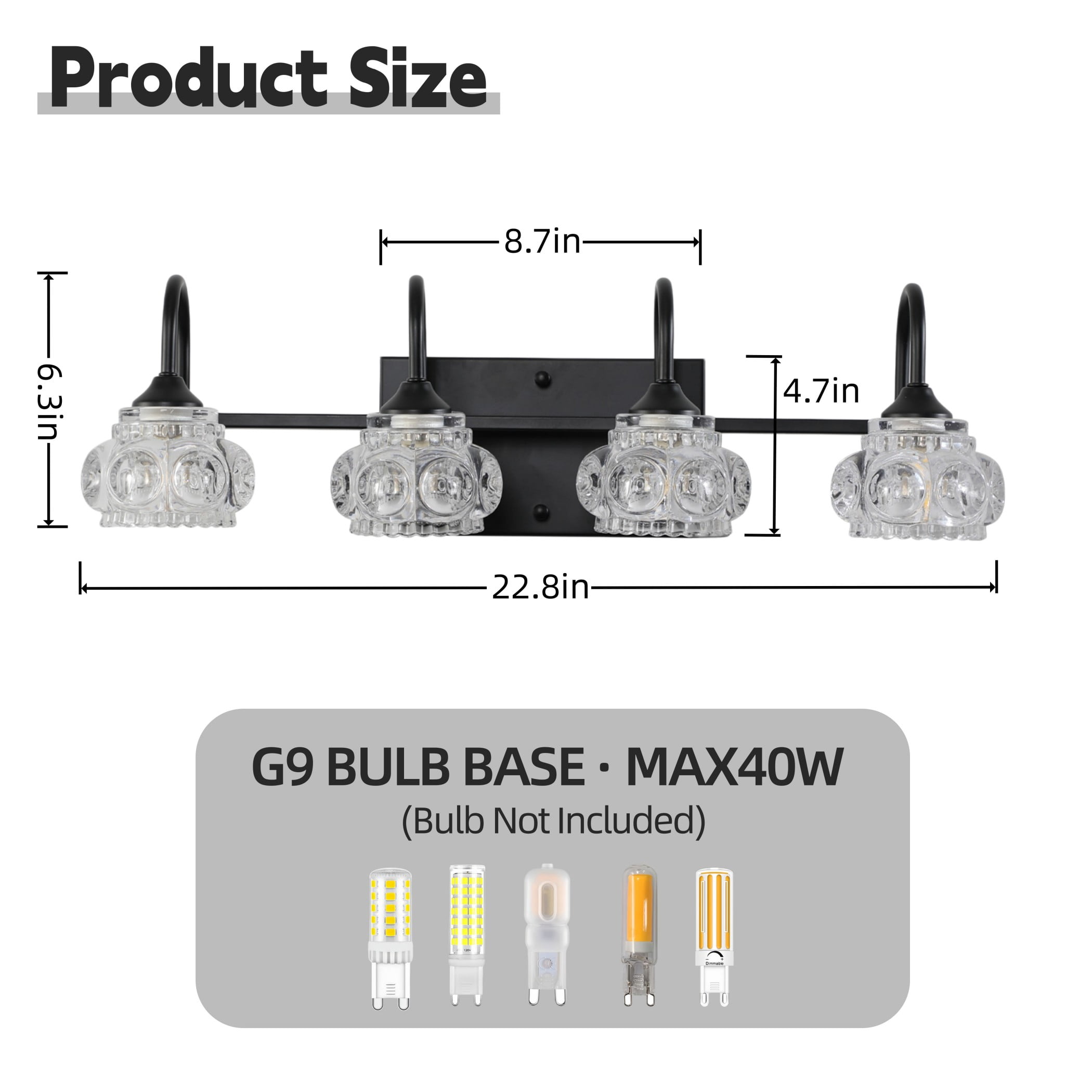23" Retro 4-Light Bathroom Vanity Light Fixture, Black Bathroom Light with Crystal Glass Shades, Wall Mounted Bathroom Lighting Fixture Over Mirror, Vanity Light for Powder Room (Bulbs Not Included)