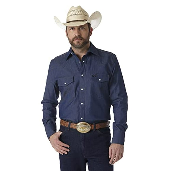 Wrangler Mens Authentic cowboy cut Work Western Long-Sleeve Firm Finish Shirt, Indigo Denim, 2035