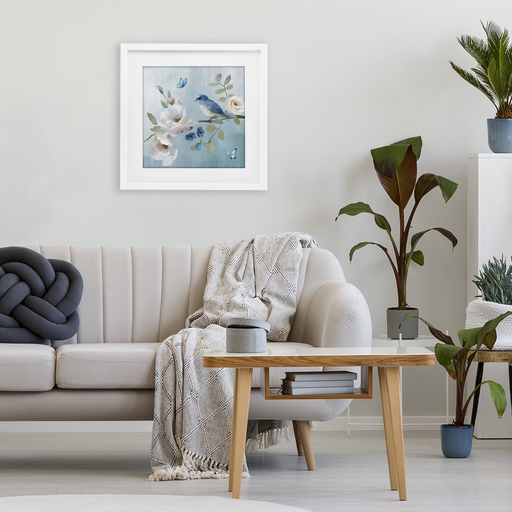 Stupell Industries Pastel Blue Bird Blooms White Framed Print Under Glass, design by Nan