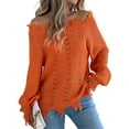 thumbnail image 2 of Women'S Solid Color Openwork Long-Sleeved Sweater, Off-Shoulder Knit Pullover Orange S, 2 of 10