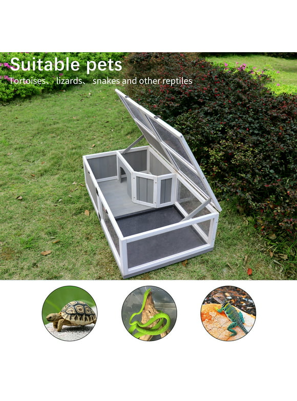 Pefilos 43" Wooden Tortoise House Large Tortoise Habitat Cage, Indoor Tortoises Enclosure for Small Animals, Outdoor Reptile Cage, Gray