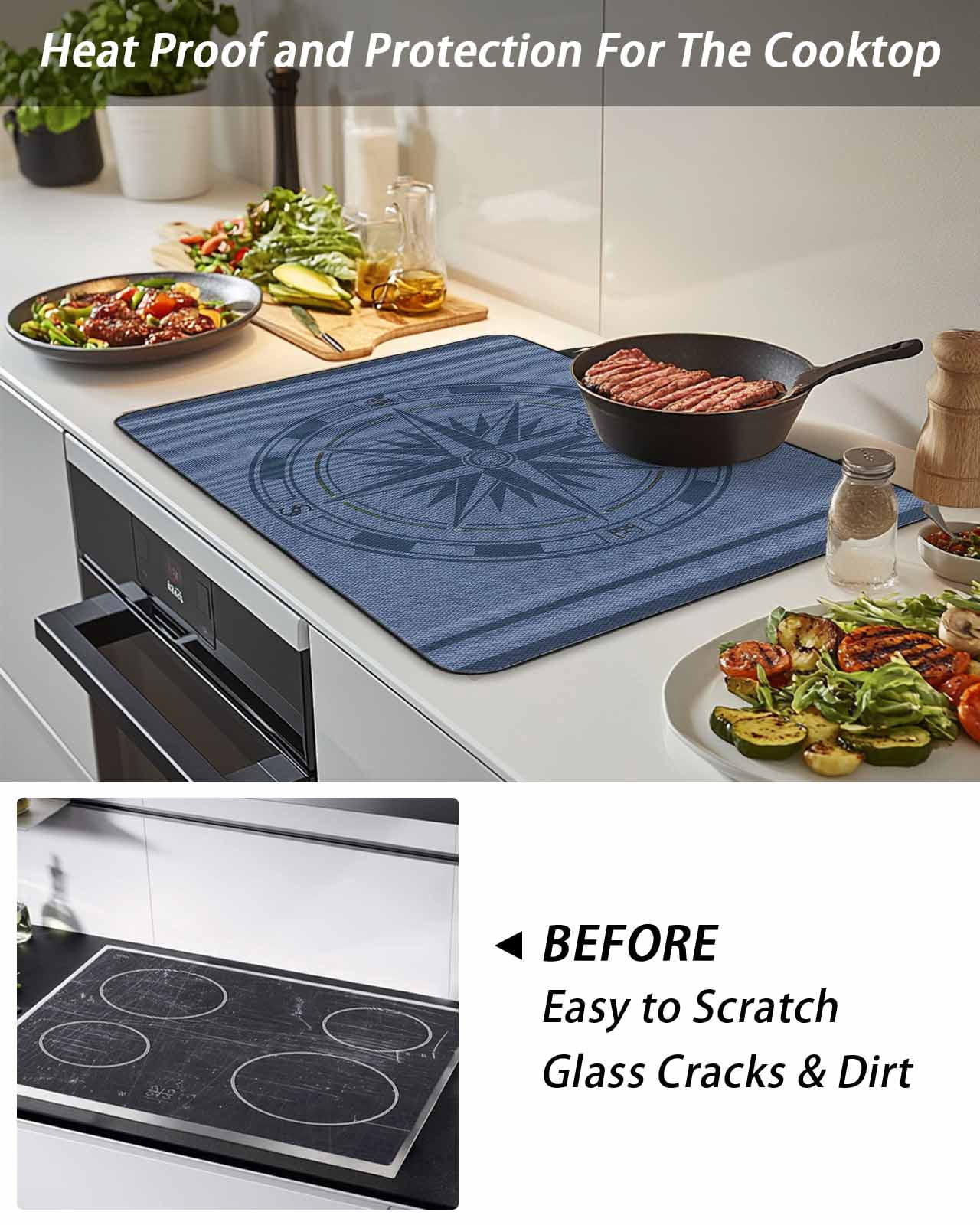 Stove Top Covers for Electric Stove, Nautical Compass Glass Stovetop Cover Protector, Navy Blue Striped Coastal Compass Induction Cooktop Protector Oven Mat for Kitchen Countertop 24"x21"