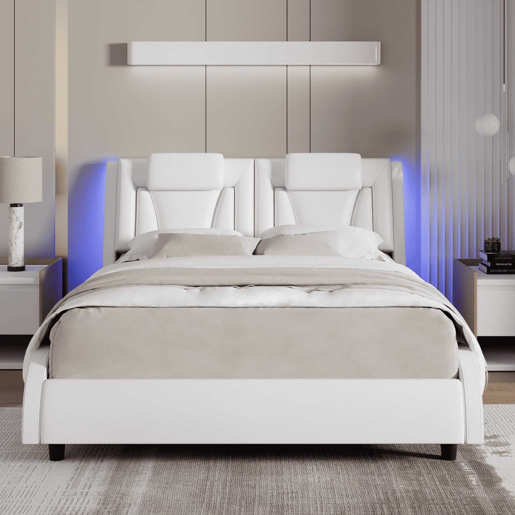 Homfa Queen Bed Frame with Adjustable LED Headboard, PU Leather Curved Upholstered Platform Bed Frame, White