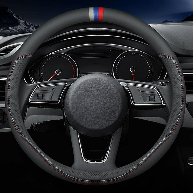 - Funda de Piel de napa para Volante de Coche, Elegante y Antideslizante, Interior de Coche, de 38 cm, Universal, Color Negro (Acentos Rojos y Azules)