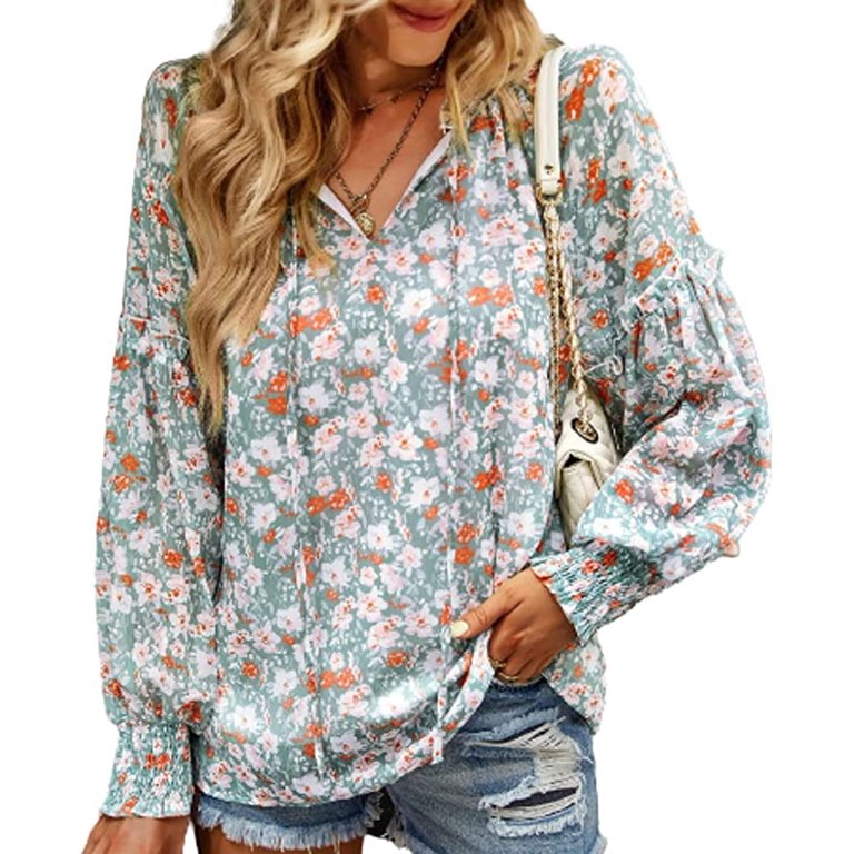 PIKADINGNIS Women Print T-Shirt V-Neck Lace Up Long Sleeve Fall Tops Casual  Loose Fit Blouse