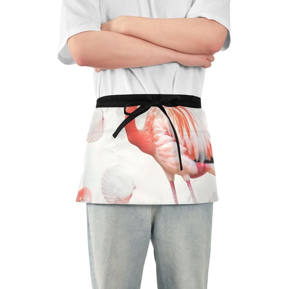 Flamingo and Shell Waist Apron Adjustable Server Half Apron Kitchen Cooking with 3 Pockets for Men Women