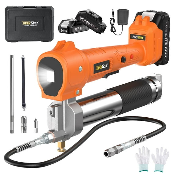 Grease Gun Battery Powered TaskStar 3.0 oz/min Electric Grease Gun Kit with 21V 2X 2000mah Batteries and Charger, 39.4”Flexible Hose,10000 PSI Cordless Grease Gun with Super Bright LED Light
