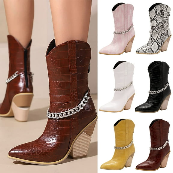 TKYCMSUAKI Womens Cowboy Boots,Womens Cowboy Boots, Cowgirl Western Mid Calf Boots Pull On Zipper Booties Chunky Heel Pointed Toe Dressy Leather Western Boot Shoes