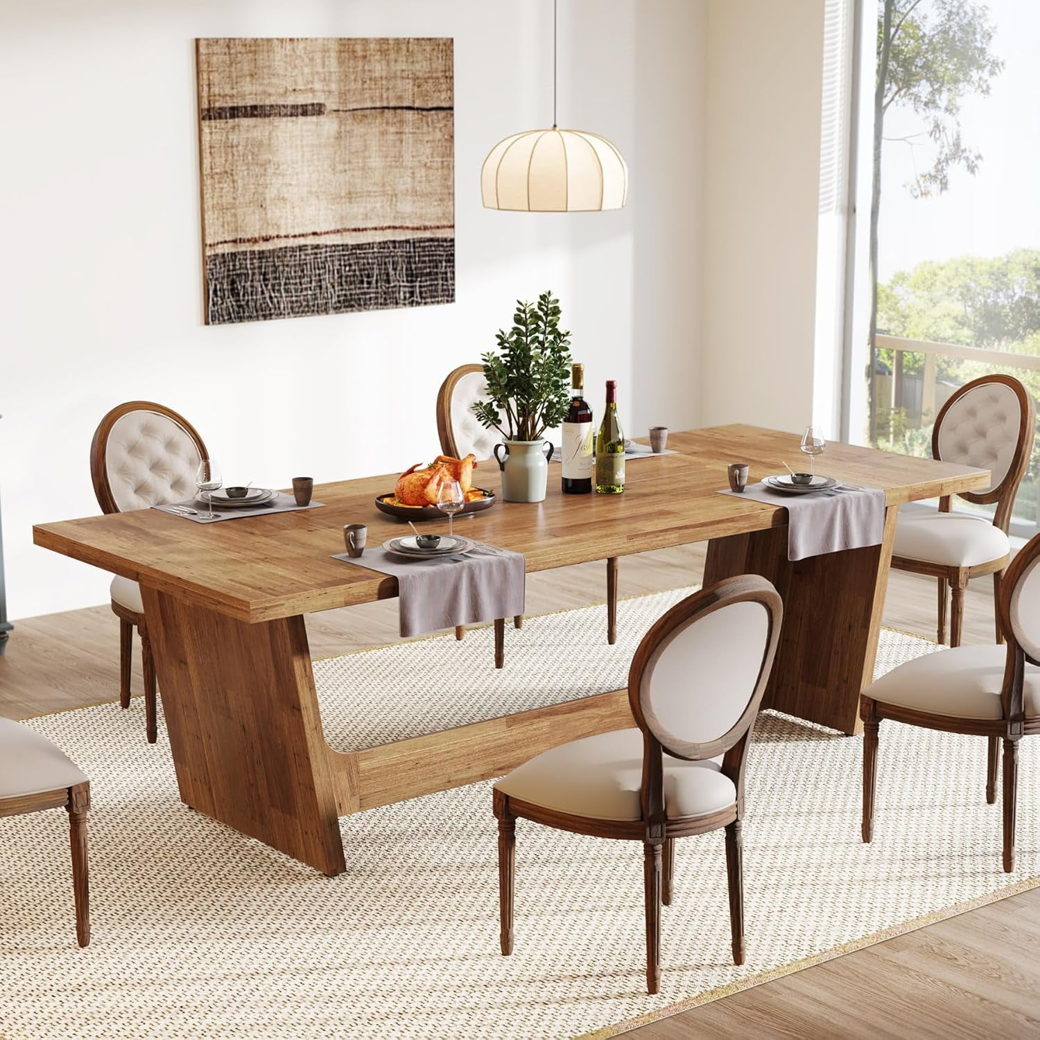 Finmind 70.87-Inch Rectangular Dining Table in Farmhouse Style, Solid Wood, Seats 6-8, Walnut