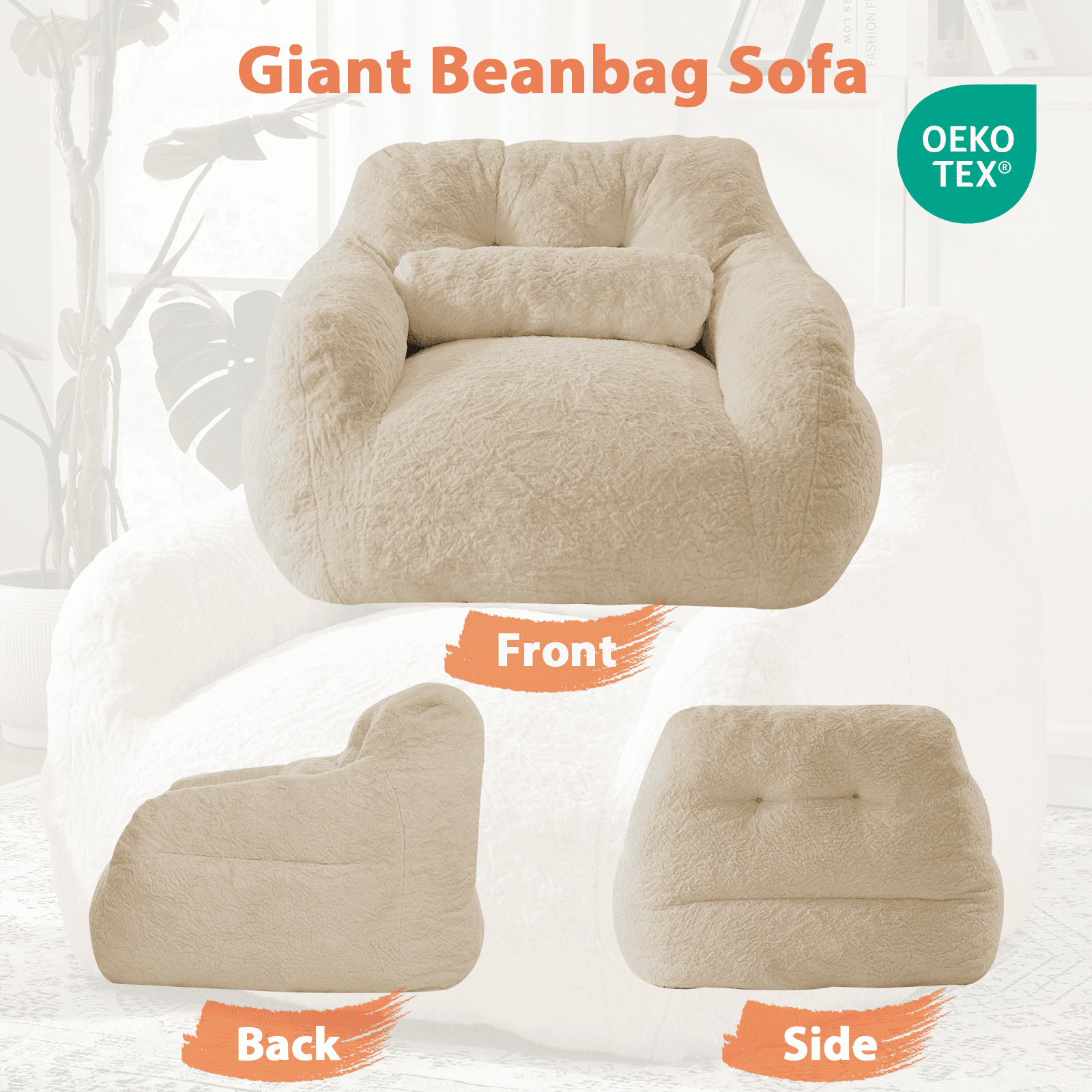 Ebenchico 3.8ft Oversized Bean Bag Chair for Adults Teens Kids, Beanbag Chairs with Pillow, Reading Gaming Relaxing Chair, Apricot