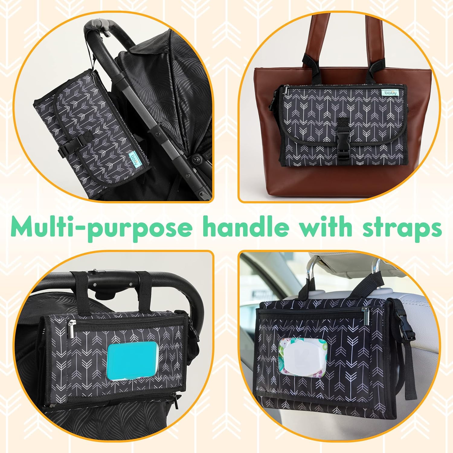 Kopi Baby Portable Diaper Changing Pad Travel Bag with Built-In Pillow, Reversible Wipes Pocket, Foldable Changing Mat, Black Arrow, Premium