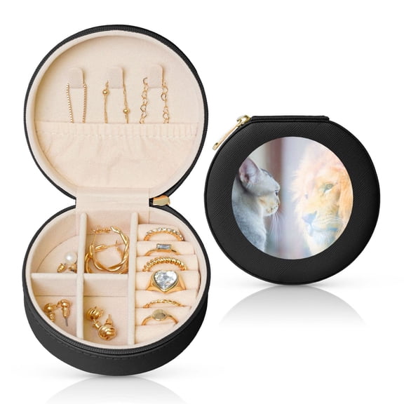 Naloa The Cat Looks in the Mirror Round Jewelry Box, Travel Jewelry Organizer, 3.9 x 3.9 x 2in Jewelry Storage Box for Women-Black