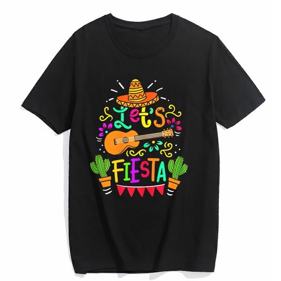 T-shirt for Women Cinco De Mayo Mexican Guitar Cactus Casual Summer Short Sleeve Top Black X-Large